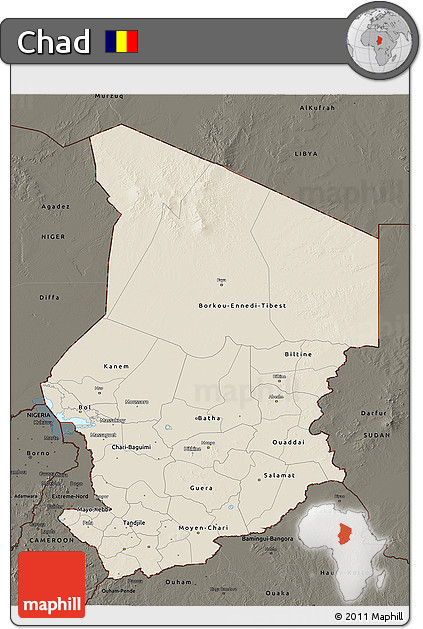 Shaded Relief 3D Map of Chad, darken