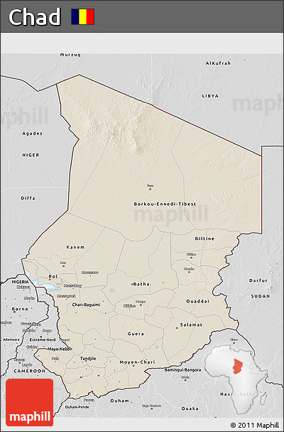 Shaded Relief 3D Map of Chad, desaturated