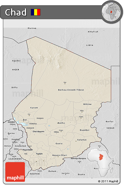 Shaded Relief 3D Map of Chad, desaturated