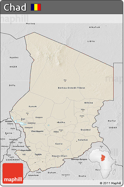 Shaded Relief 3D Map of Chad, desaturated