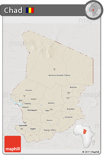 Shaded Relief 3D Map of Chad, lighten, semi-desaturated