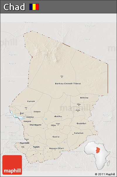 Shaded Relief 3D Map of Chad, lighten, semi-desaturated