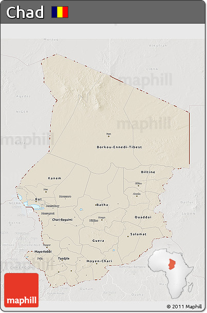 Shaded Relief 3D Map of Chad, lighten, semi-desaturated