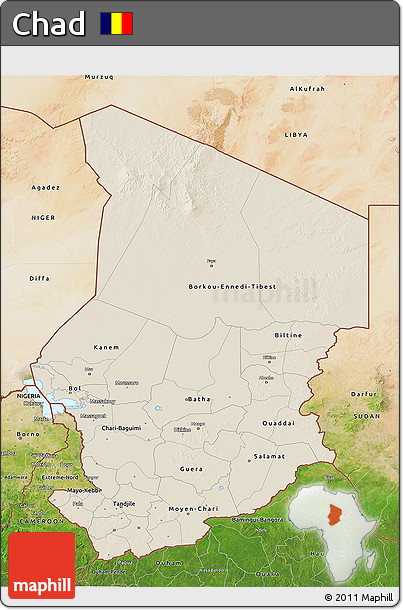 Shaded Relief 3D Map of Chad, satellite outside