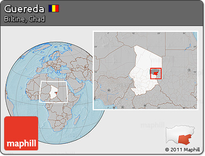 Gray Location Map of Guereda, highlighted country, highlighted parent region, within the entire country, hill shading