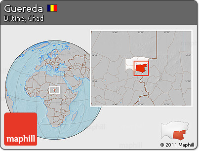 Gray Location Map of Guereda, highlighted parent region, hill shading