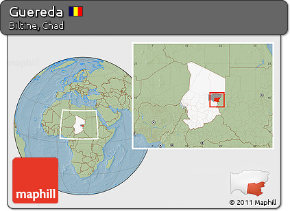 Savanna Style Location Map of Guereda, highlighted country, highlighted parent region, within the entire country, hill shading