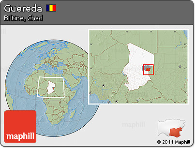 Savanna Style Location Map of Guereda, highlighted country, highlighted parent region, within the entire country, hill shading
