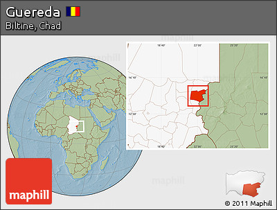 Savanna Style Location Map of Guereda, highlighted country, hill shading
