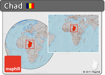 Gray Location Map of Chad, within the entire continent, hill shading