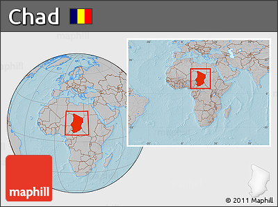 Gray Location Map of Chad, within the entire continent, hill shading