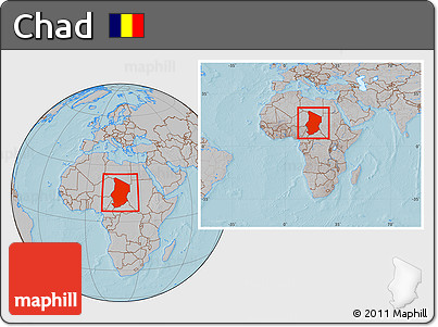 Gray Location Map of Chad, within the entire continent, hill shading