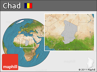 Gray Location Map of Chad, satellite outside, hill shading