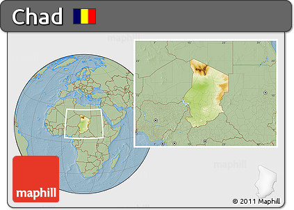 Physical Location Map of Chad, savanna style outside, hill shading