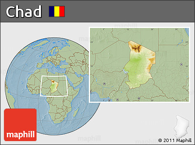 Physical Location Map of Chad, savanna style outside, hill shading