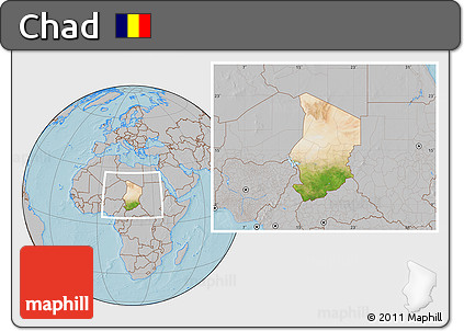 Satellite Location Map of Chad, gray outside, hill shading