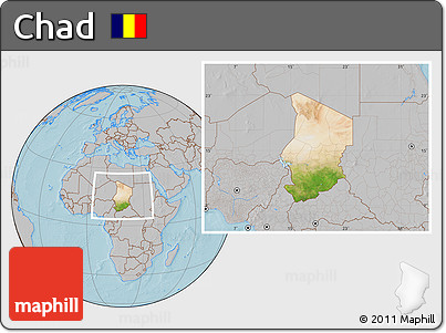 Satellite Location Map of Chad, gray outside, hill shading