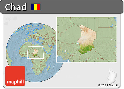 Satellite Location Map of Chad, savanna style outside, hill shading
