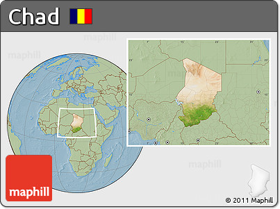 Satellite Location Map of Chad, savanna style outside, hill shading