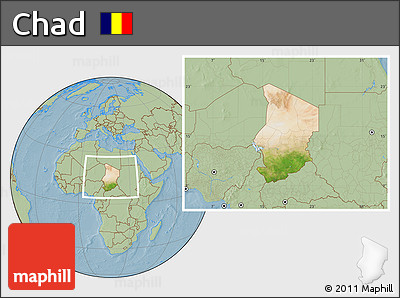 Satellite Location Map of Chad, savanna style outside, hill shading