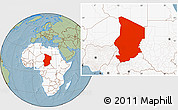 Savanna Style Location Map of Chad, highlighted continent, hill shading