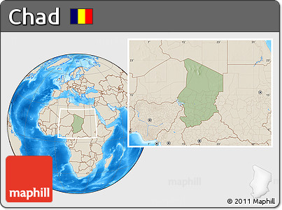 Savanna Style Location Map of Chad, shaded relief outside, hill shading