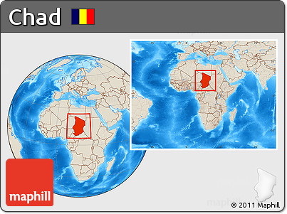 Shaded Relief Location Map of Chad, within the entire continent