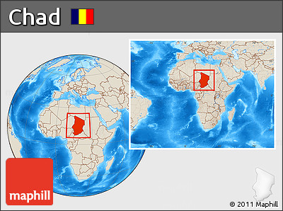 Shaded Relief Location Map of Chad, within the entire continent
