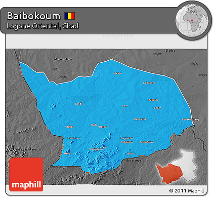 Political 3D Map of Baibokoum, darken, desaturated