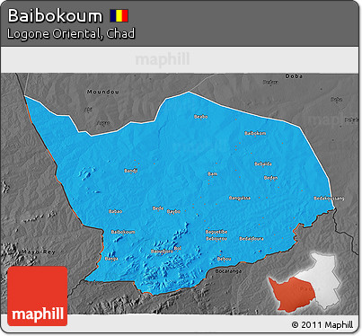 Political 3D Map of Baibokoum, darken, desaturated