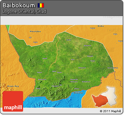Satellite 3D Map of Baibokoum, political outside