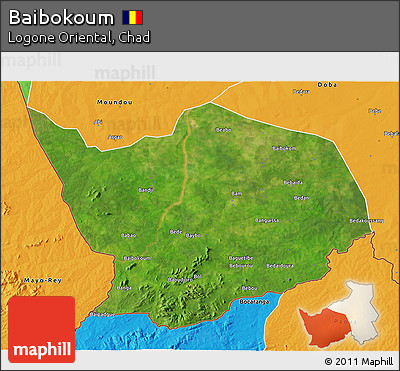 Satellite 3D Map of Baibokoum, political outside