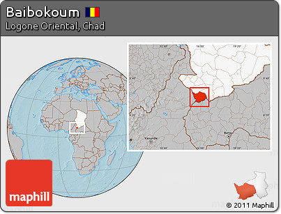 Gray Location Map of Baibokoum, highlighted country, hill shading