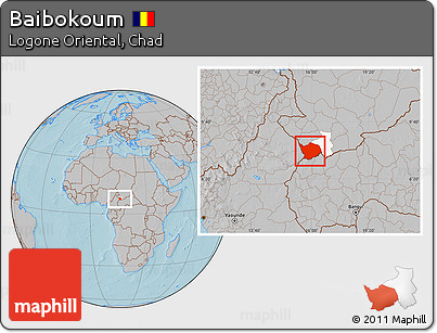 Gray Location Map of Baibokoum, highlighted parent region, hill shading