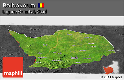 Satellite Panoramic Map of Baibokoum, darken, desaturated