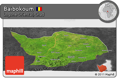 Satellite Panoramic Map of Baibokoum, darken, desaturated