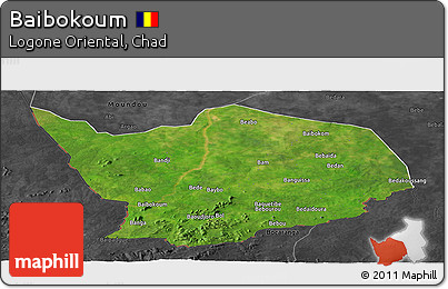 Satellite Panoramic Map of Baibokoum, darken, desaturated