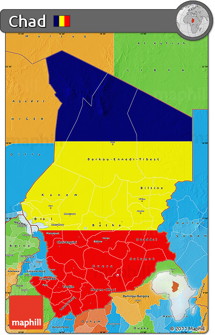 Flag Map of Chad, political outside, flag rotated