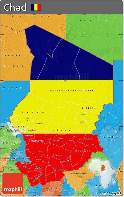 Flag Map of Chad, political outside, flag rotated