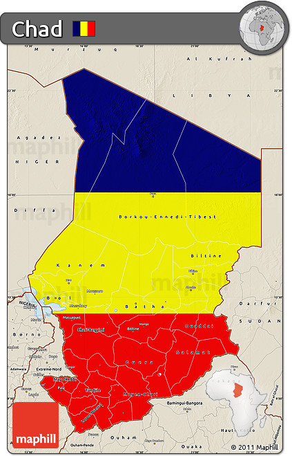 Flag Map of Chad, shaded relief outside, flag aligned to the middle