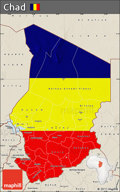 Flag Map of Chad, shaded relief outside, flag aligned to the middle