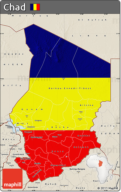 Flag Map of Chad, shaded relief outside, flag aligned to the middle