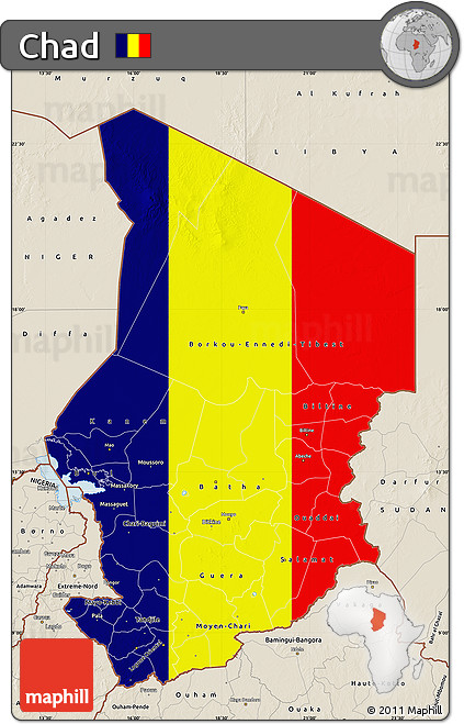 Flag Map of Chad, shaded relief outside