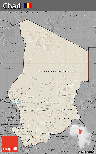 Shaded Relief Map of Chad, darken, desaturated