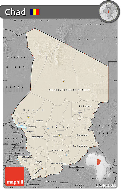 Shaded Relief Map of Chad, darken, desaturated