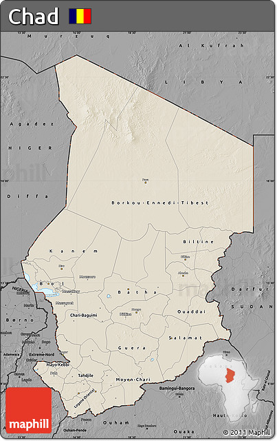 Shaded Relief Map of Chad, darken, desaturated