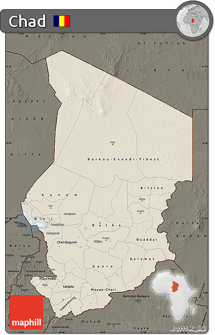 Shaded Relief Map of Chad, darken