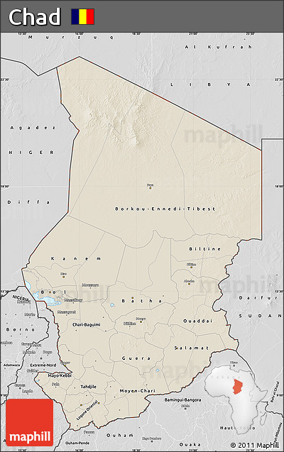 Shaded Relief Map of Chad, desaturated