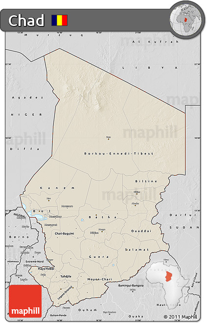 Shaded Relief Map of Chad, desaturated