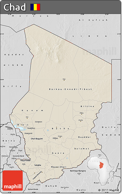 Shaded Relief Map of Chad, desaturated